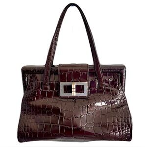 Talbots Brown Croc Embossed Glossy Leather Doctor Bag Satchel